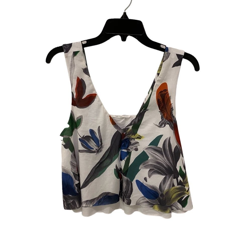 Zara Collection Tropical Print Crop Top Lined Back Slit Tank Women's Medium